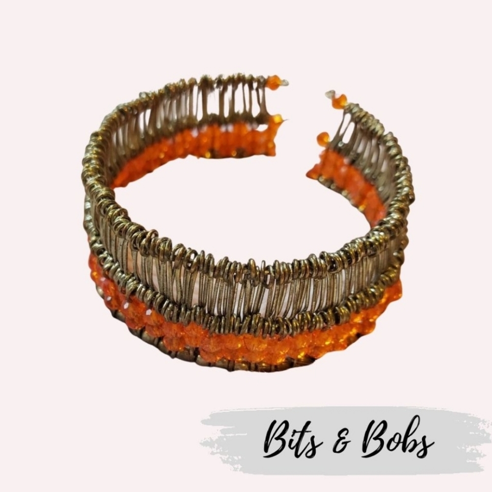Orange Beaded Wired Cuff Bracelet